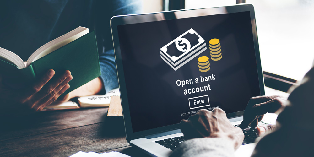 Laptop screen that says "open a bank account"