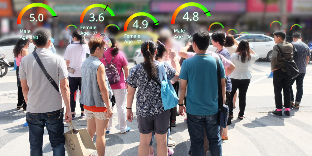 Crowd of people with credit score graphics above their heads