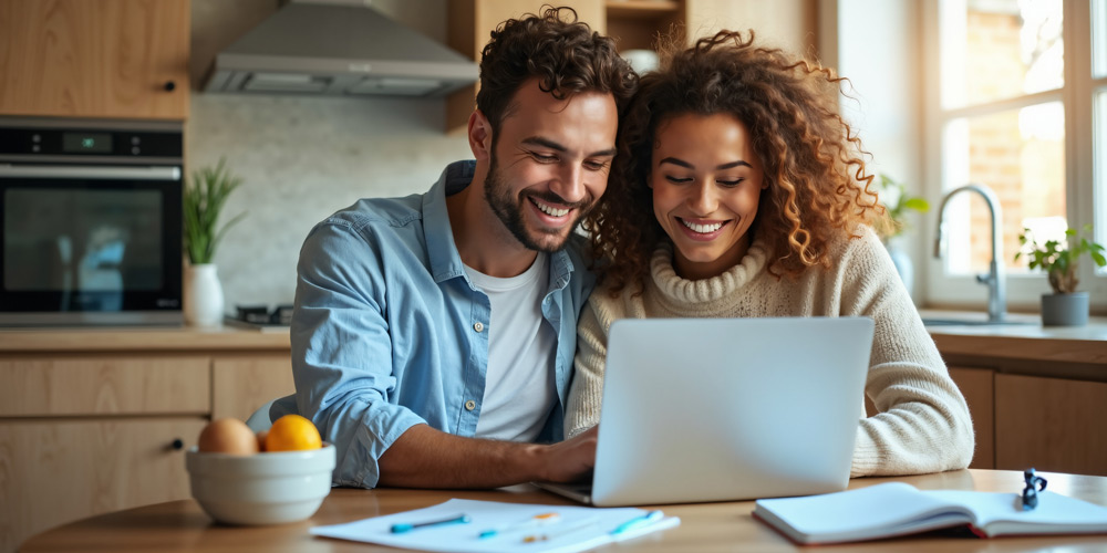 Young couple looking at a laptop in the kitchen