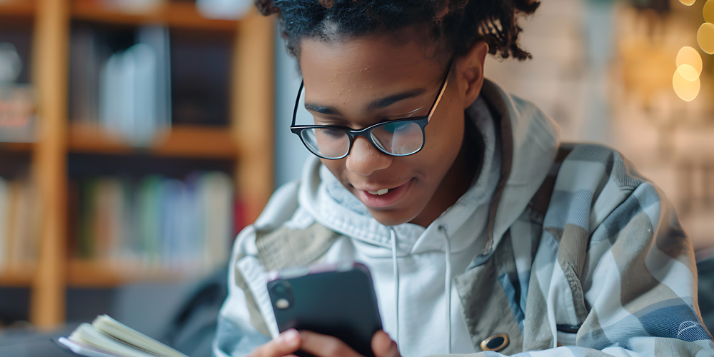Young girl wearing glasses and a hoodie looking at her phone