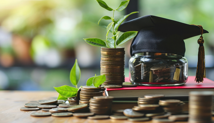 Graduation cap sitting on a stack of books and coins