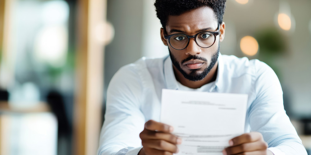 Man with glasses looking surprised while reading a piece of paper