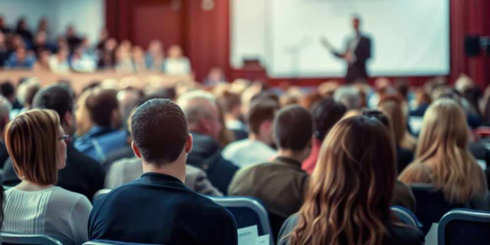 Audience listening to a presentation in a theater